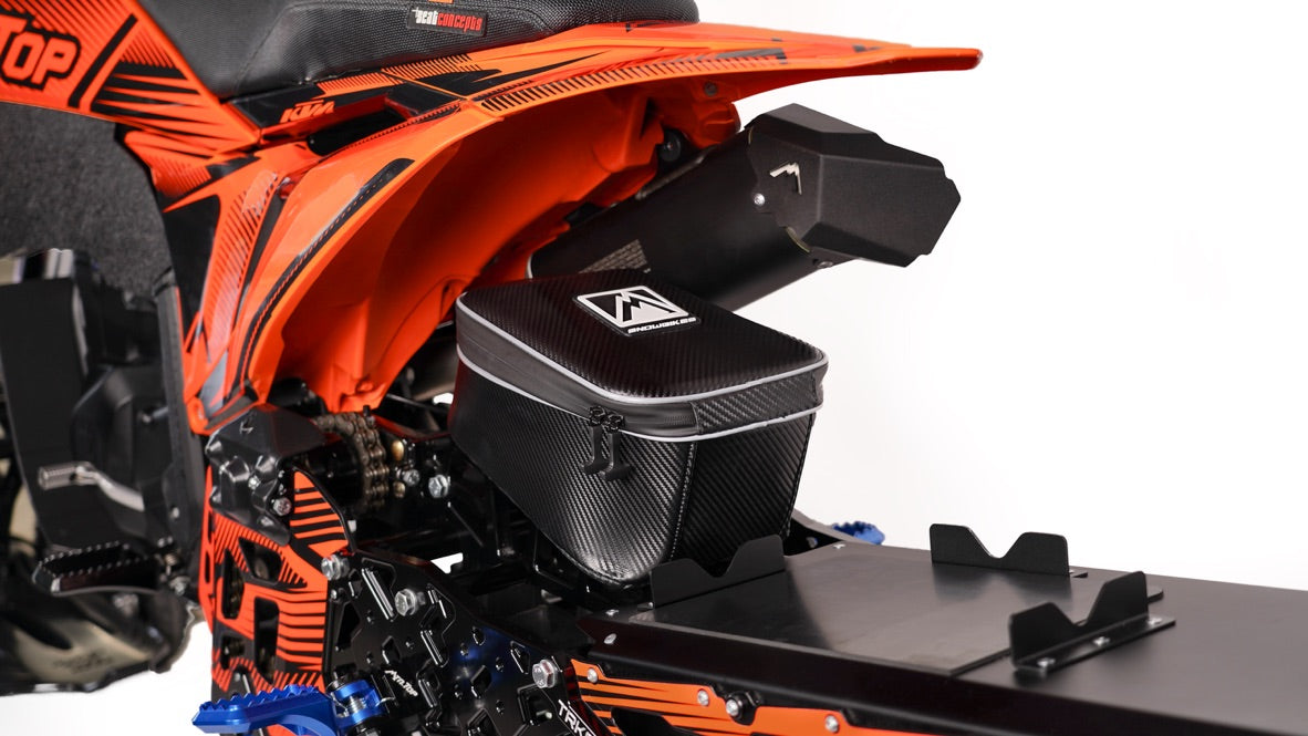 MTN.TOP Frame Bag mounted on top of a TRANSFER snowbike kit frame
