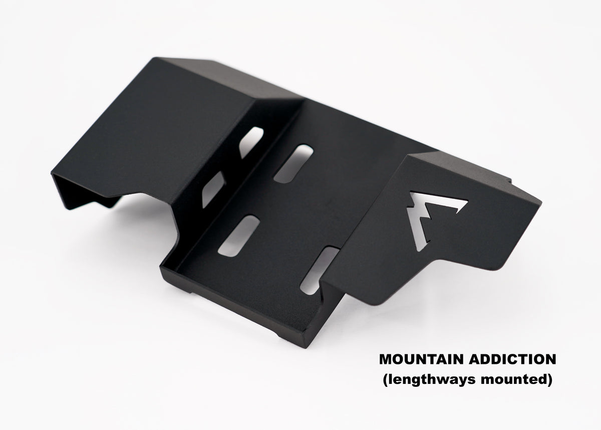 A mountain addiction lengthways mounted gas jug cover sitting on a white background as a product photo 