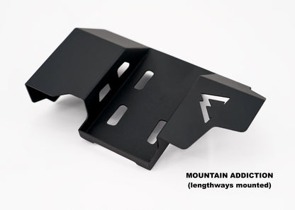 A mountain addiction lengthways mounted gas jug cover sitting on a white background as a product photo 