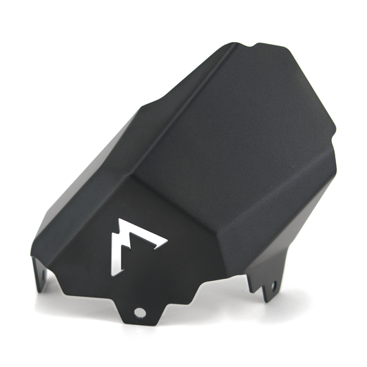 MTN.TOP Exhaust Deflector in black heat-coated aluminum with the MTN.TOP logo cutout, for KTM, GASGAS and Husqvarna 450cc snowbikes