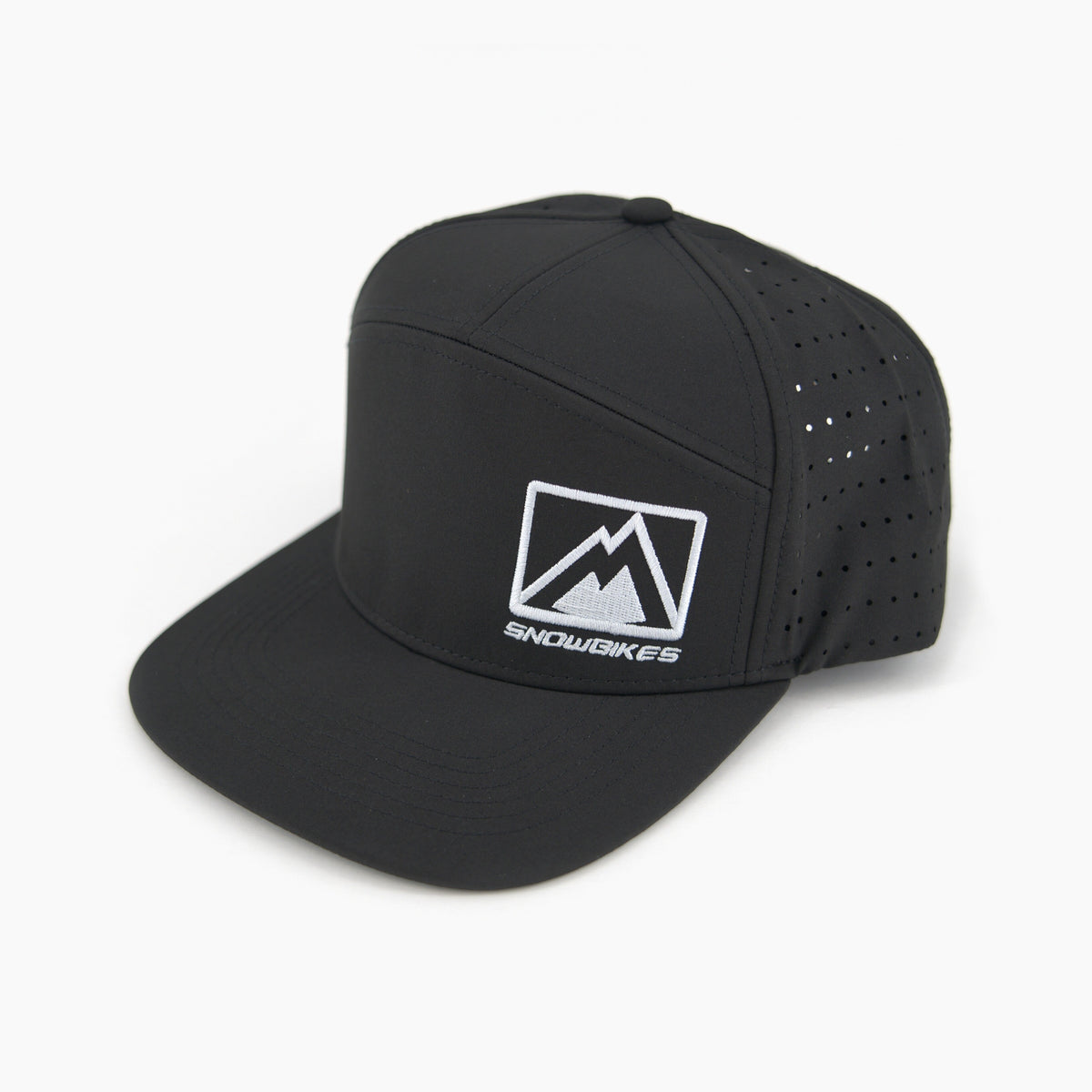 Black MTN.TOP 7-panel snapback hat with a snowbiker wheelie graphic on the front