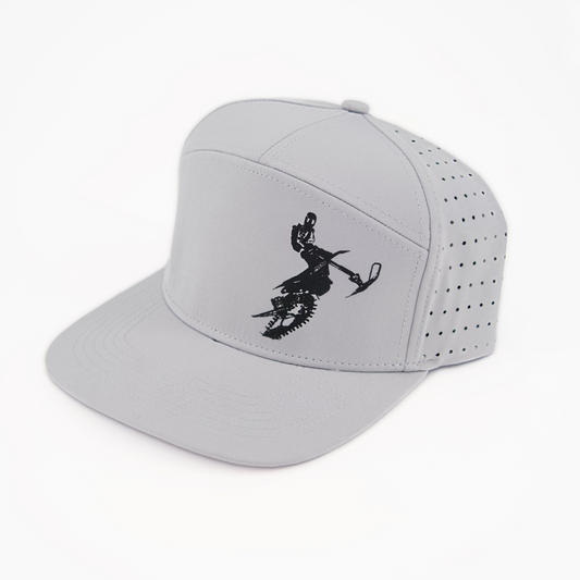 Silver MTN.TOP 7-panel snapback hat with a snowbiker wheelie graphic on the front